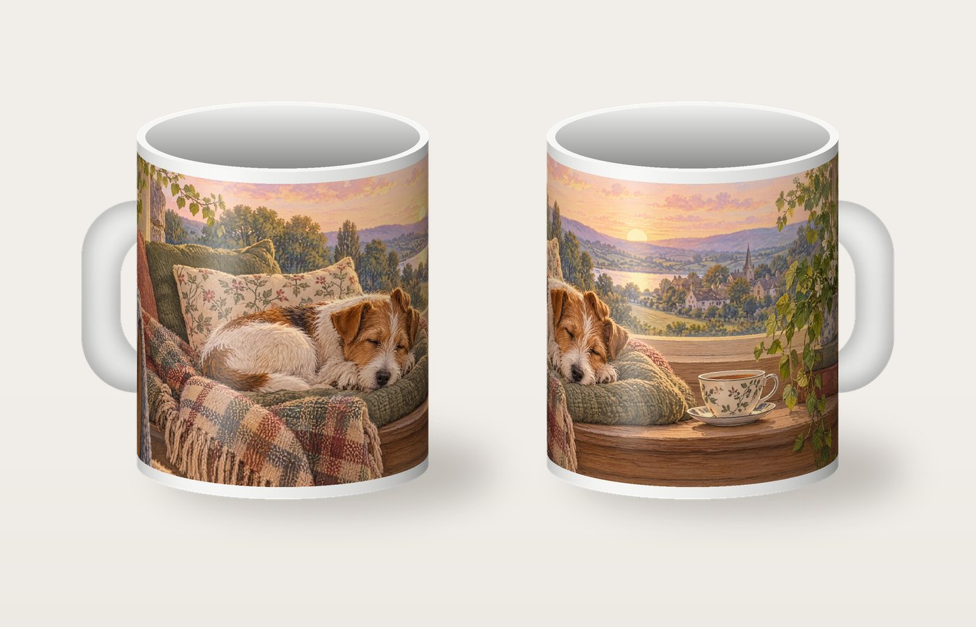 Taza vista por los dos lados: un terrier dormido sobre un cojín junto a la ventana, con una taza de té al lado