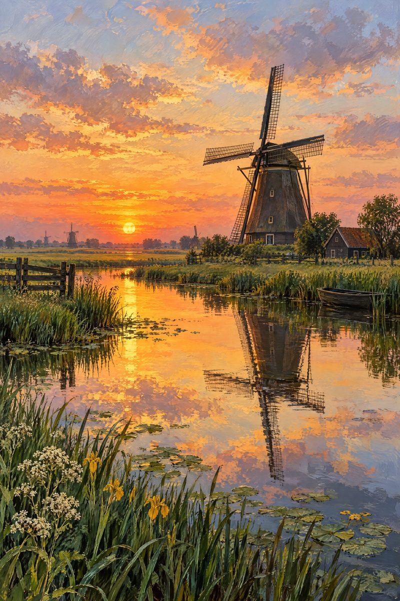 Foto vertical de un molino junto al agua al atardecer, una imagen que en una taza se pierde casi entera