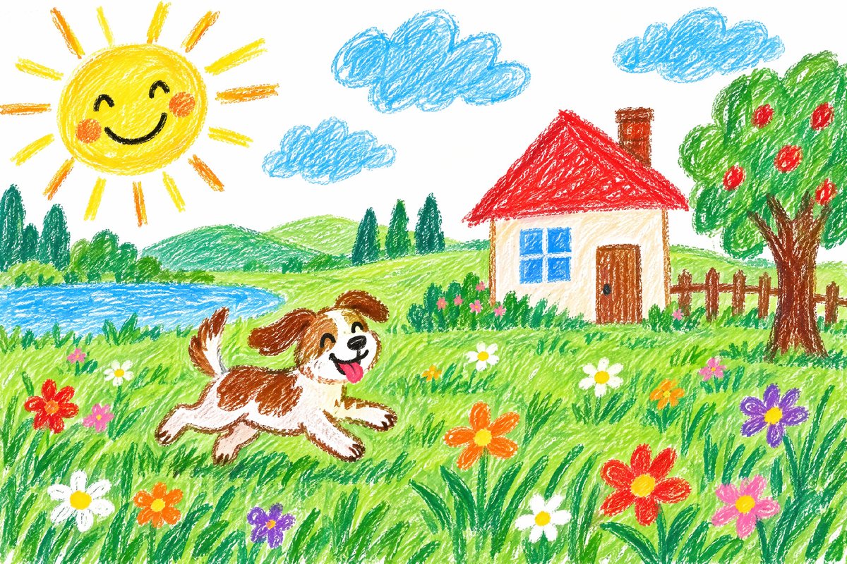 Dibujo infantil hecho con ceras: un perro corriendo por la hierba, una casa con el tejado rojo y un sol sonriente