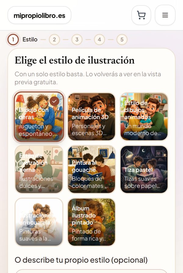 Paso 1 en el móvil: ocho estilos de ilustración entre los que elegir, con Dibujo con ceras seleccionado