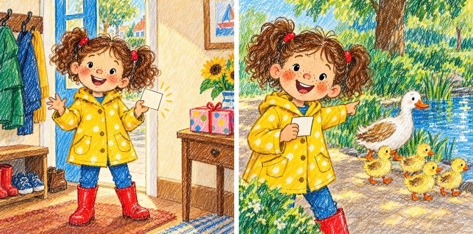 Dos páginas del libro: Noor le devuelve los banderines al panadero y aparta una rama para los patitos