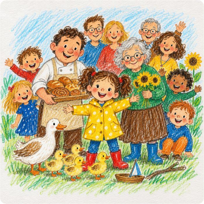 La ilustración de ambiente en estilo de ceras: Noor con su chubasquero amarillo, el panadero, la abuela y los patos
