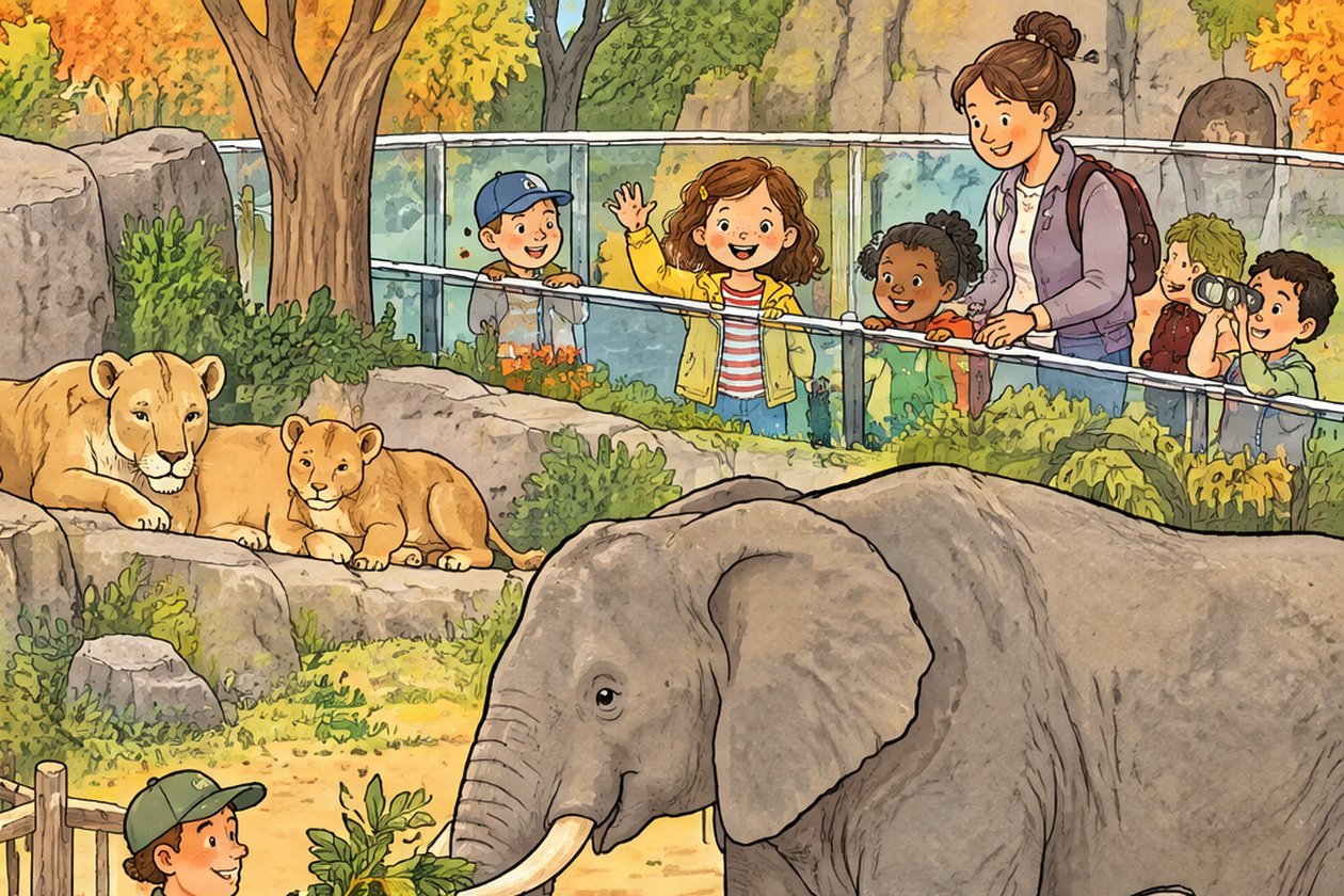 Detalle de una escena de buscar y encontrar: una niña con chaqueta amarilla saluda tras una valla de cristal en el zoo