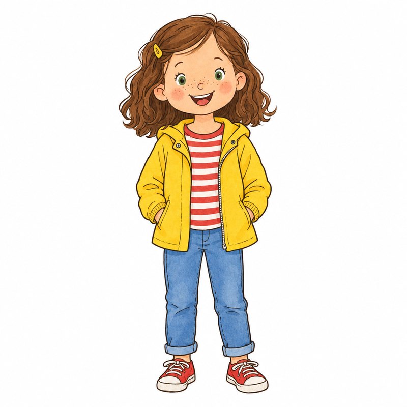 La misma niña dibujada como personaje de álbum ilustrado, con la ropa que lleva en todas las páginas