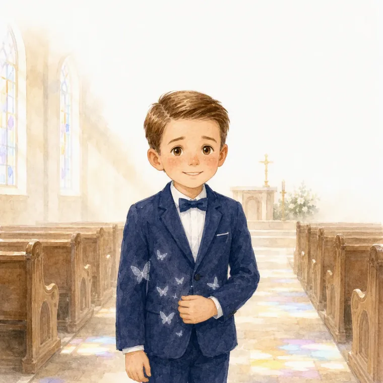 Daan con su traje azul marino en el pasillo de la iglesia, con mariposas en la chaqueta
