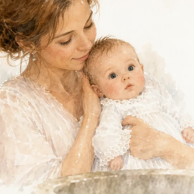 Mamá abraza a Lotte, con el pelo todavía mojado después del bautizo