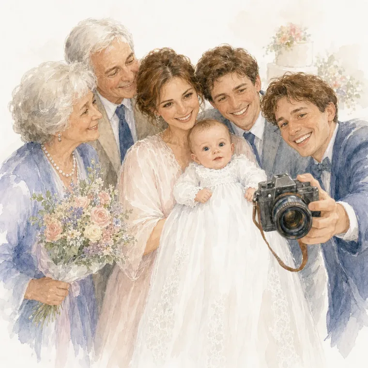 Toda la familia alrededor de Lotte mientras su tío hace la foto