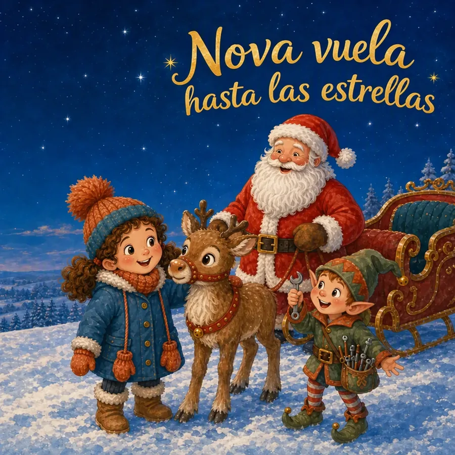 Portada del libro de Navidad con Fenna, Nova el reno, Papá Noel y Pip el elfo en la nieve