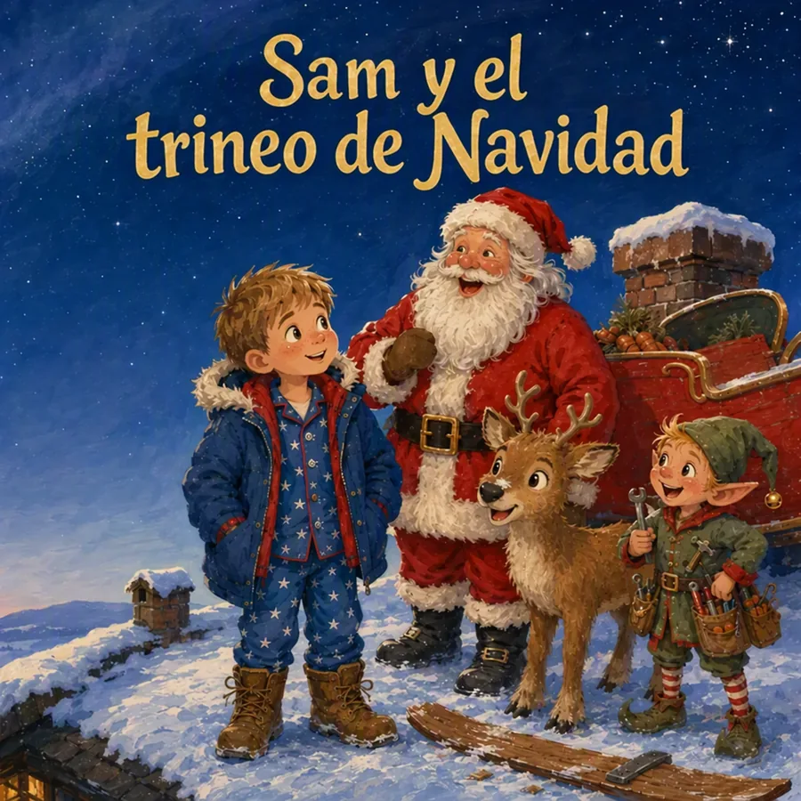 Portada del libro de Navidad con Sam, Papá Noel, Nova el reno y Pip el elfo en un tejado nevado