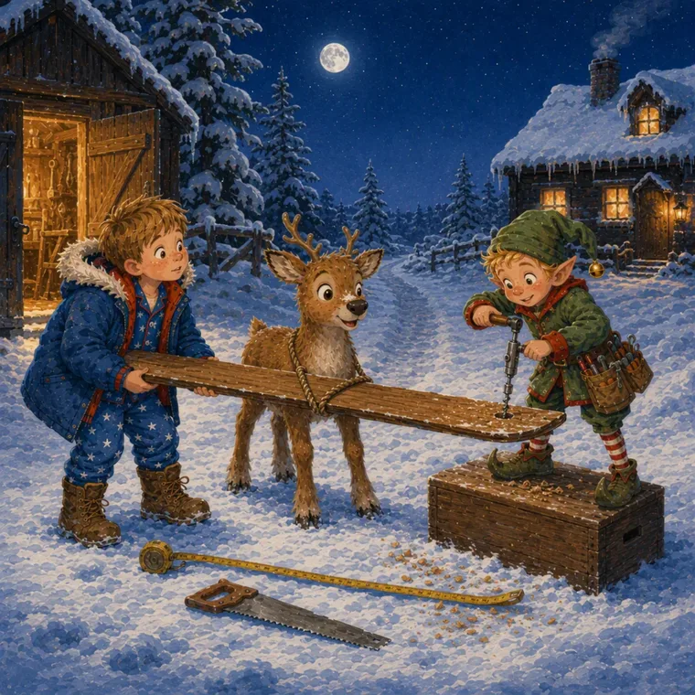 Sam, Nova y Pip el elfo llevan juntos un esquí de madera por la nieve