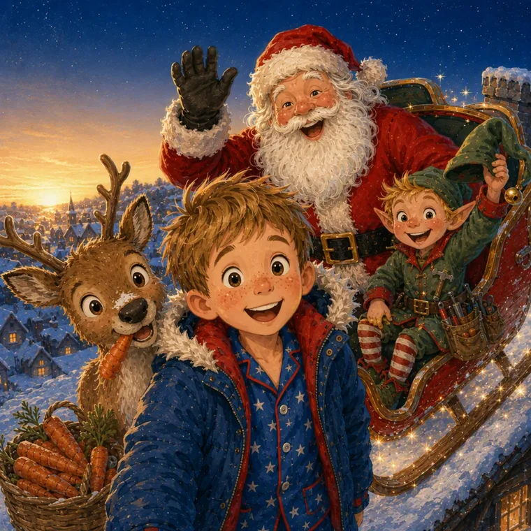 Sam, Papá Noel, Nova y Pip en el trineo al amanecer