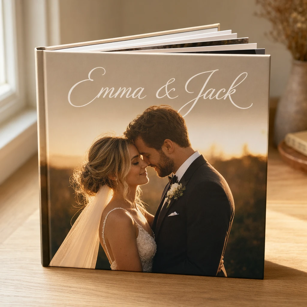 Portada de ejemplo de un libro de fotos de boda