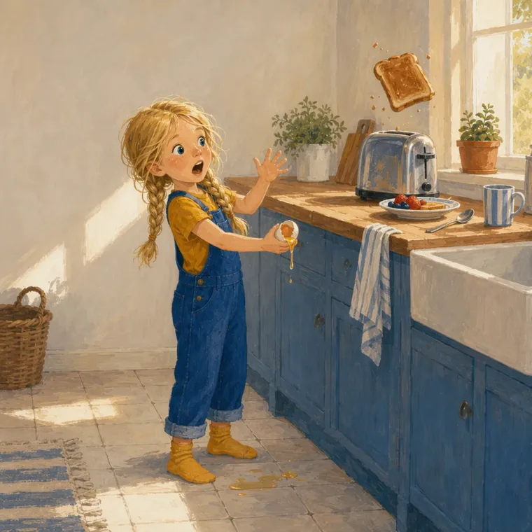 Noor da un salto cuando la tostada sale volando del tostador por la cocina