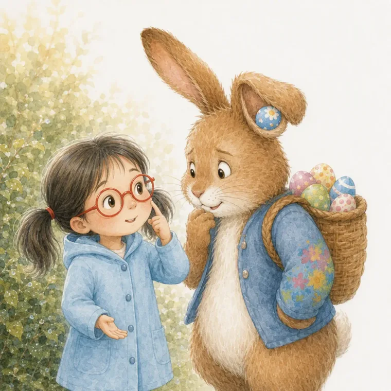 Mila mira hacia arriba al Conejo de Pascua, que lleva su cesta de huevos pintados