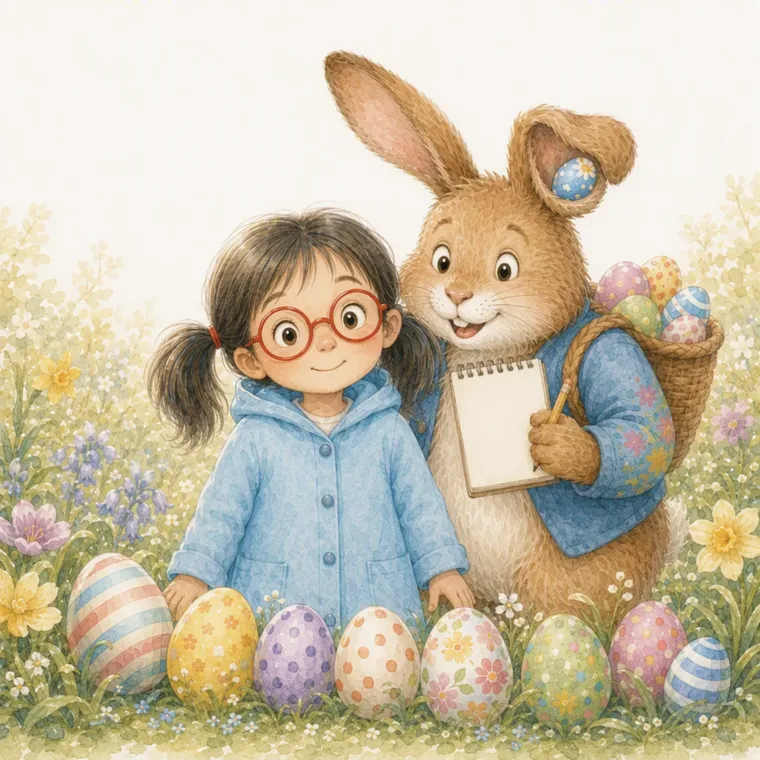 Mila y el Conejo de Pascua juntos al lado de todos los huevos que encontraron
