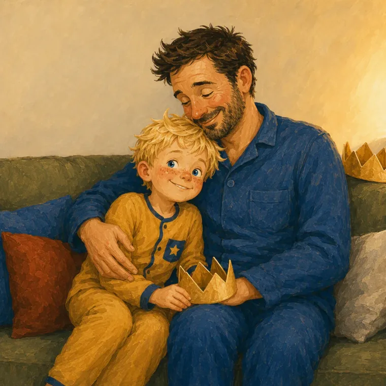 Tycho se queda dormido en pijama apoyado en su padre en el sofá