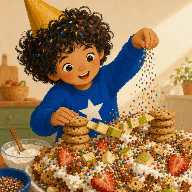 Jesse esparce fideos de colores sobre la montaña de tarta, fruta y galletas