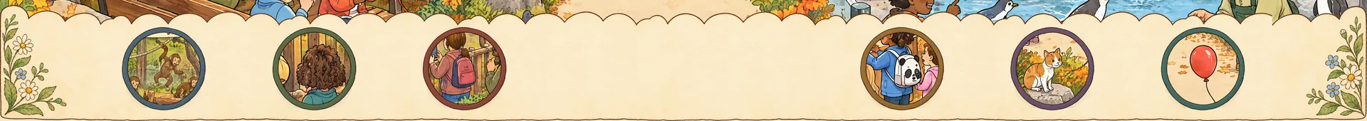 La franja de búsqueda al pie de una lámina, con seis dibujos redondos de cosas que encontrar